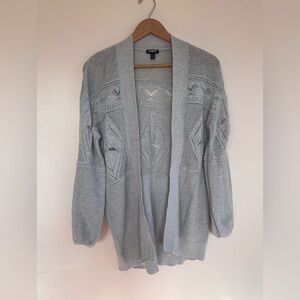 Express Cotton Light Gray Open Knit Drape Crochet Long Cardigan Medium